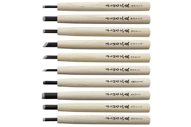 Yoshiharu W-10 Mitomoto Japanese Wood Carving Knives, Set Of 10 In Cloth Pouch 3 Yoshiharu W-10 Mitomoto Japanese Wood Carving Knives, Set Of 10 In Cloth Pouch